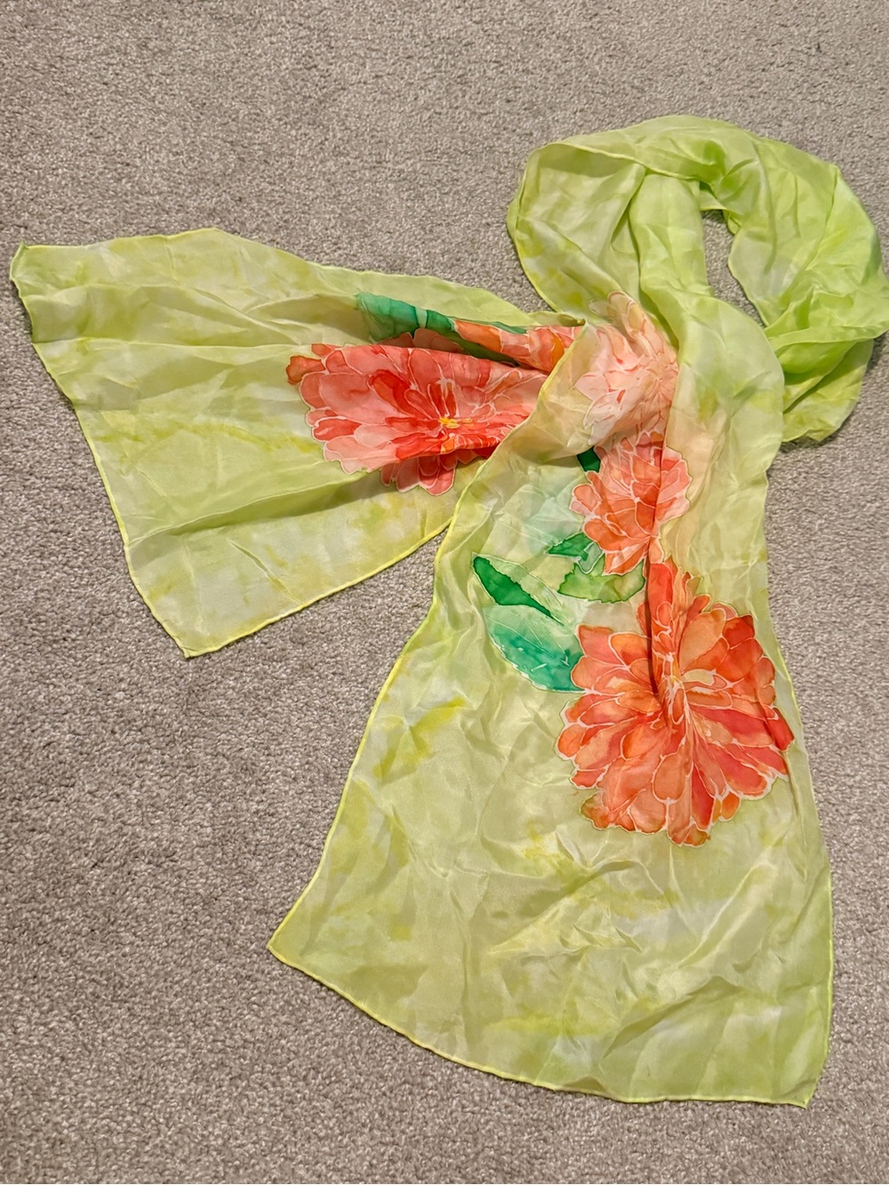 Artisanal Hand Painted Silk Scarf Light Green Coral Pink Floral Botanical Wrap